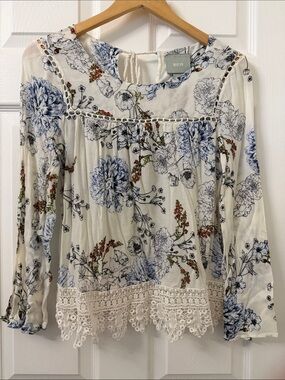 Maeve Cream Floral Lace-Trim Peasant Blouse with Blue Print